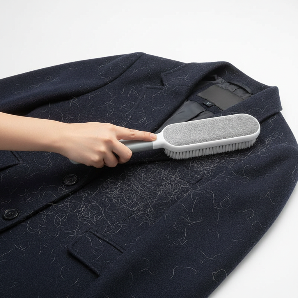 Brosse anti-poils NovaNest utilisée sur un manteau sombre
