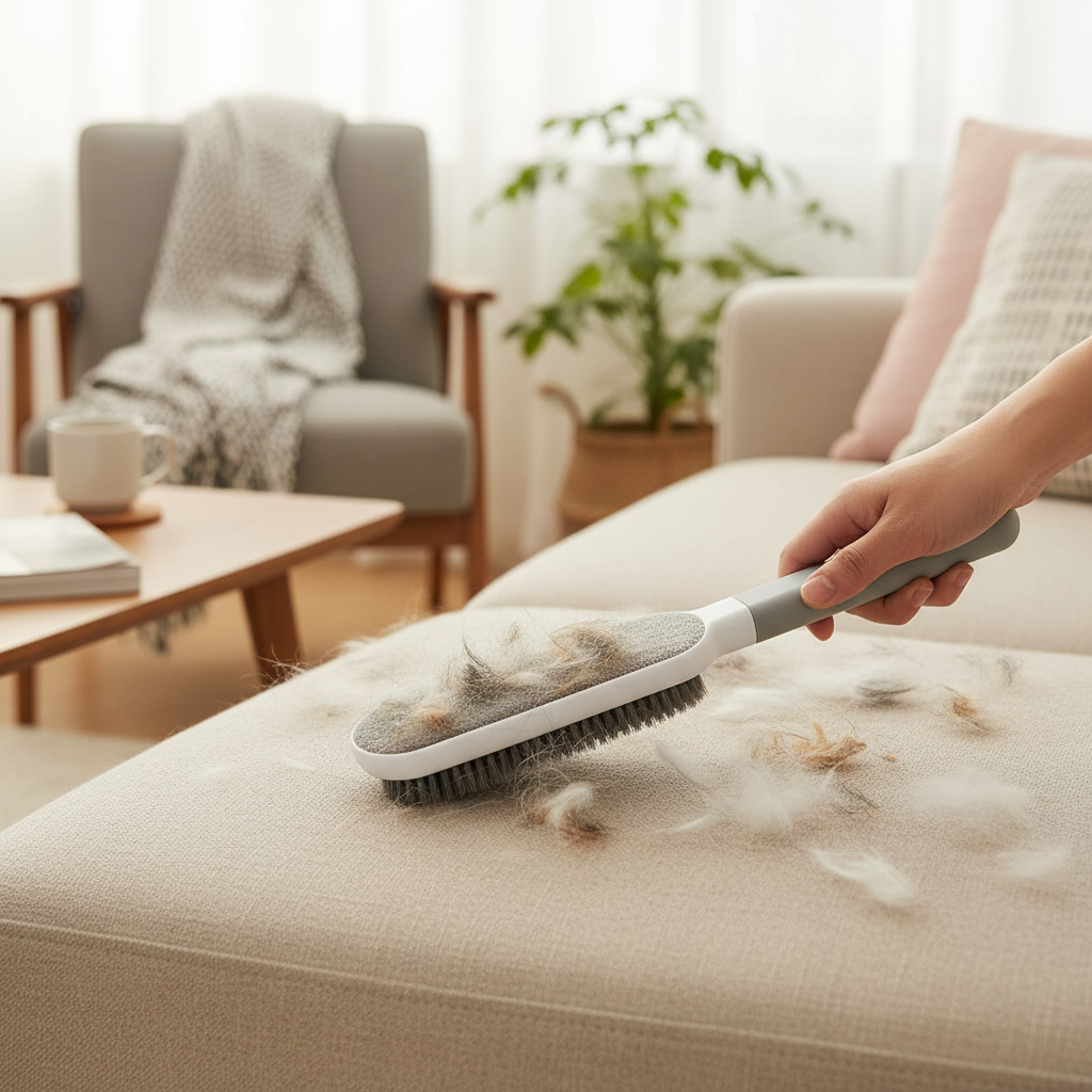 Brosse anti-poils NovaNest en action sur un canapé beige